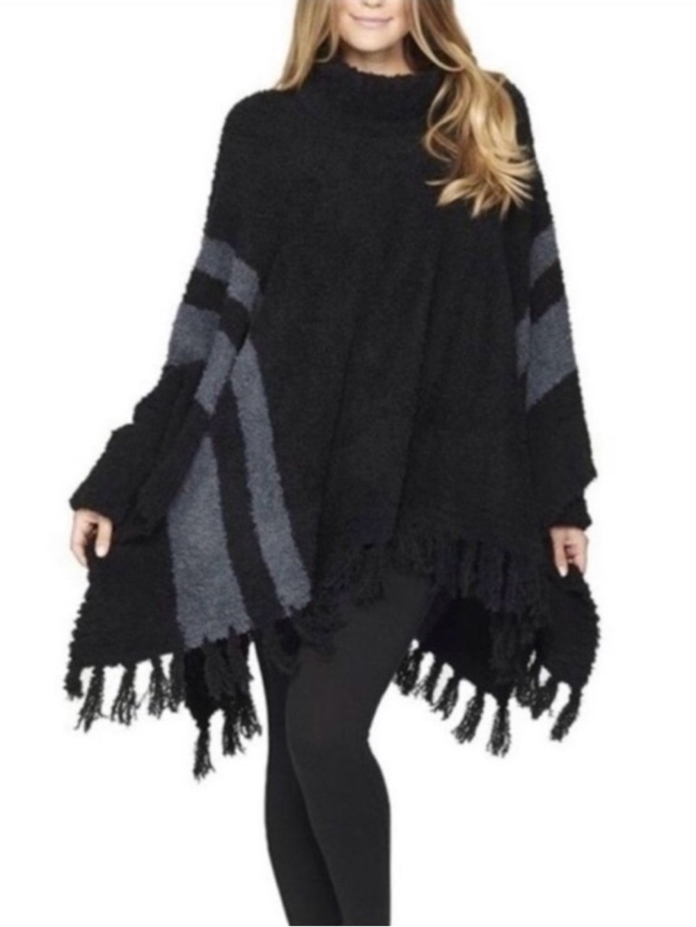 Barefoot Dreams Cozy Chic® Beach Fringe Poncho Black/Gray One Size Plus
